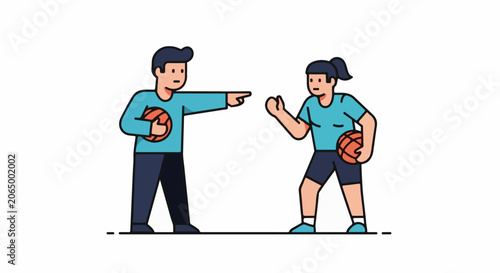 A man and woman in casual clothing holding basketballs and engaging in conversation