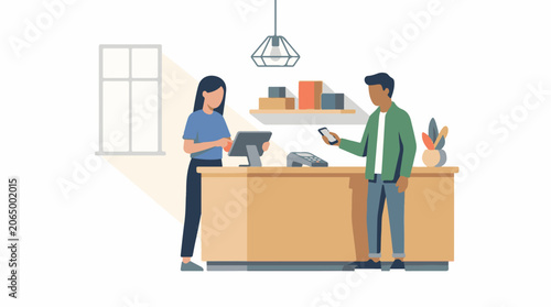 A man and woman interact at a counter with a computer and payment terminal
