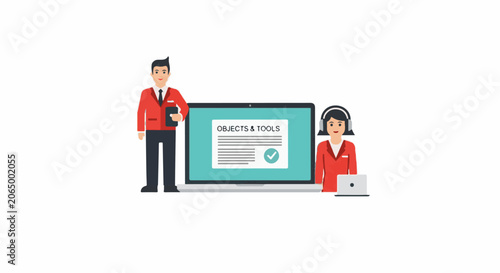 A man and woman in red jackets standing beside a large computer monitor