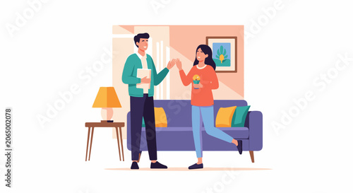 A man and woman interact in a living room with a couch and lamp