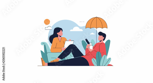 A man and woman relax on chairs under an umbrella