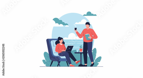 A man and woman relax with laptop and coffee outdoors