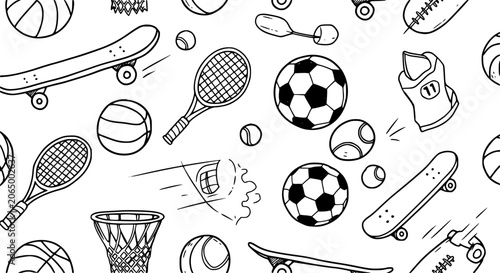 Fotografía Sports and Active Lifestyle Equipment Hand-Drawn Black  White Line Art Seamless
