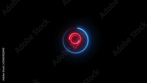glowing neon location pin icon animation. Search address road sign, travel map pin symbol on black background.
