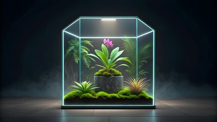 Glowing modern glass terrarium with exotic plants and pink flowers inside illuminated cabinet against dark moody interior.
