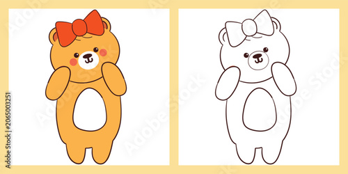coloring page of cute hand drawn cartoon bear wearing big orange ribbon on its head