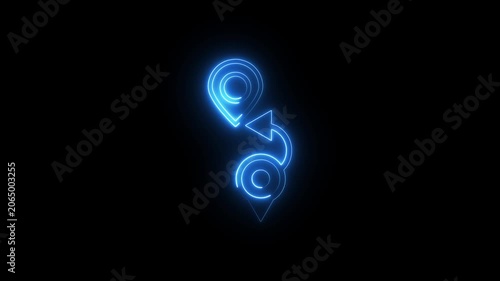 glowing neon location pin icon animation. Search address road sign, travel map pin symbol on black background.