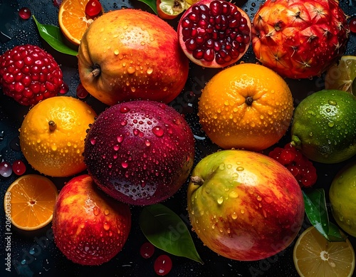 A vibrant arrangement of fresh fruits with water droplets on a dark background (1)