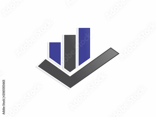 Modern corporate vector icon featuring blue and grey rising statistics bars forming a growth chart combined with a thick checkmark for data analysis and financial consulting brands.