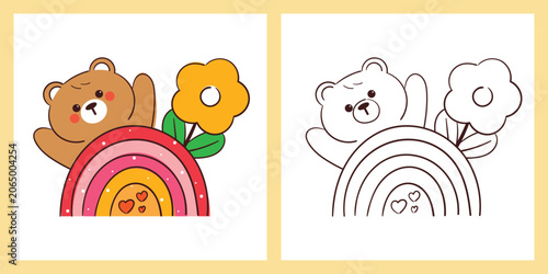cute hand drawn cartoon bear with rainbow and flower for coloring page