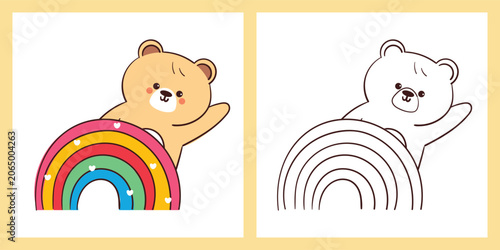 cute hand drawn cartoon bear with rainbow for coloring page