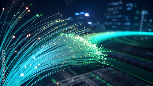 Fiber Optic Cables with Glowing Blue and Green Lights – High-Speed Internet Connectivity and Digital Data Transmission Photography Concept