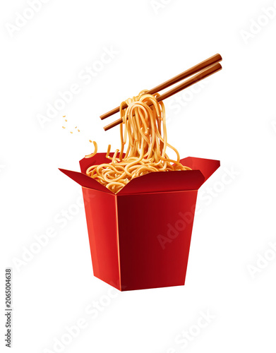 Close up of asian noodles lifted with chopsticks
