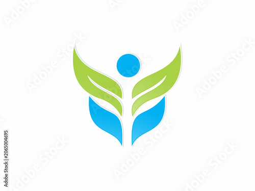 Abstract Human Healthy Life Logo Vector Design with Green Leaves and Blue Wings Elements for Wellness Brand