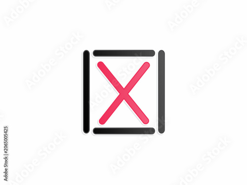 A unique geometric logo composition displaying a prominent red cross or X mark perfectly centered inside a broken square frame made of four black dashes on a clean white background.