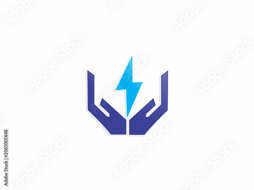 A powerful vector emblem featuring a pair of abstract purple hands gently cupping a bright blue lightning bolt symbol, representing safe energy, electrical care, and power protection.