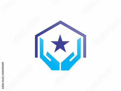 A professional security and success logo concept depicting a dark blue star held by two bright blue hands, all enclosed within a thin purple hexagonal outline on a solid background.