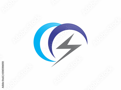 A dynamic energy logo illustration showcasing a sharp grey lightning bolt icon striking through a vortex of overlapping blue and purple crescent wave shapes on a plain background.