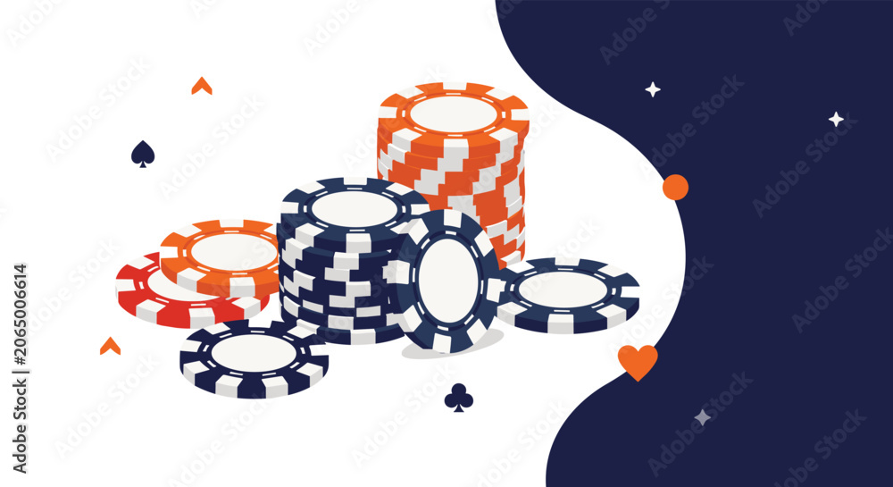 Naklejka premium Colorful stacks of blue and orange casino poker chips with several individual chips scattered on a stylish and dark background.