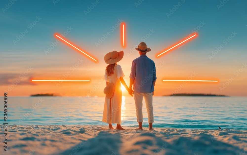 Fototapeta premium Romantic Couple Holding Hands on Deserted Tropical Island Beach at Sunset