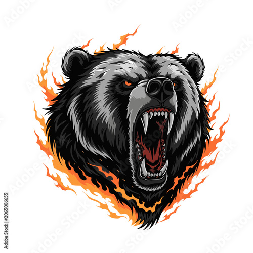 A massive grizzly bear head roaring violently with mouth wide open