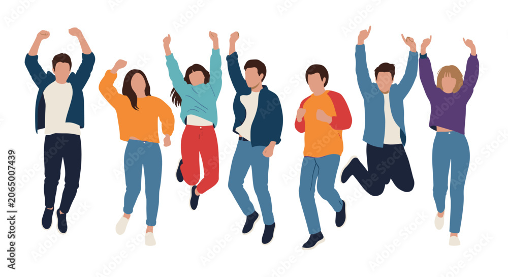 Obraz premium Group of diverse happy friends jumping high in the air against a white background, celebrating success and freedom together.