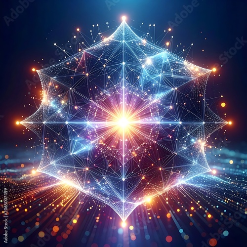 A radiant geometric pattern with glowing lines and dots on a dark background