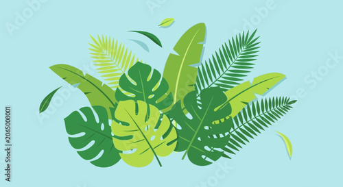 Vibrant tropical foliage illustration against a light blue backdrop