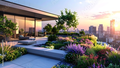 A serene rooftop garden overlooking a city skyline at sunset (73)