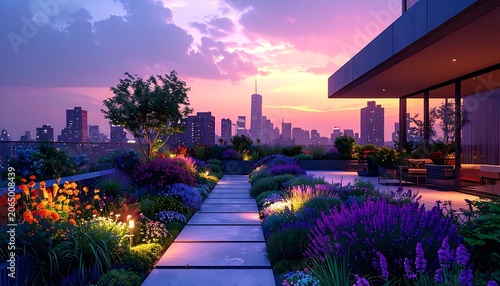 A serene rooftop garden overlooking a city skyline at sunset (125)