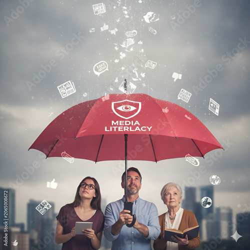 Open umbrella protecting people from falling fake news icons, media literacy concept