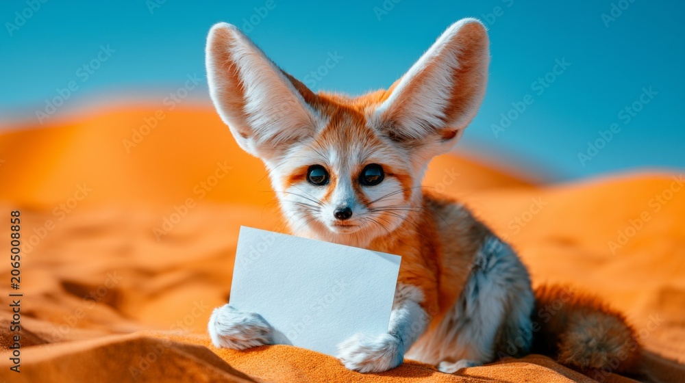 Fototapeta premium Fennec Fox Sitting Upright with Enormous Ears Against Desert Background