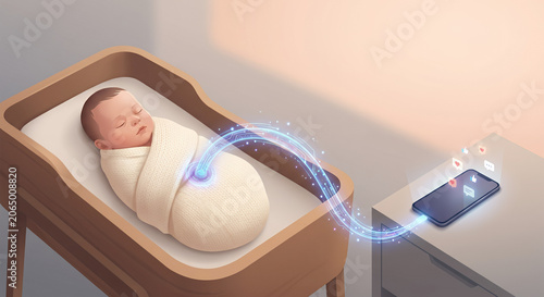 Surreal conceptual illustration of a newborn baby connected to a smartphone through a glowing digital umbilical cord