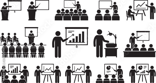Collection of diverse presentation and lecture icons featuring speakers audiences charts and interactive teaching methods