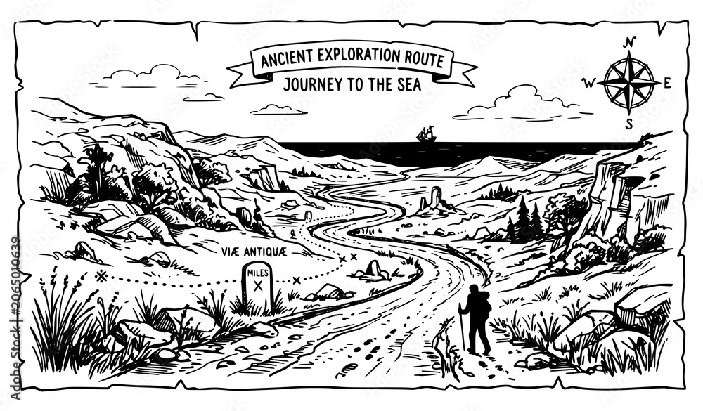 Obraz premium Ancient Travel Road Perspective Hand Drawn Vector Navigation Route Sketch Banner