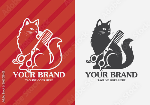 Cat grooming salon logo template with pet, scissors and comb.