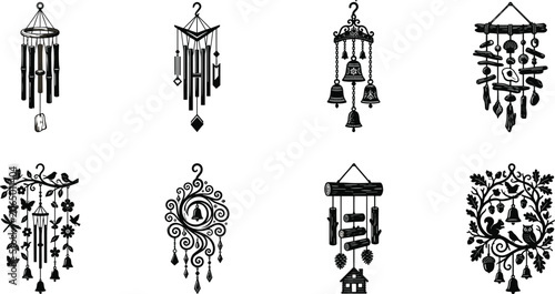 Fotografie Decorative Wind Chime Collection with Hanging Bells and Ornamental Garden Design