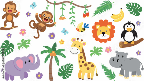 Canvas Print Cartoon safari animals and tropical foliage a colorful vector illustration on a