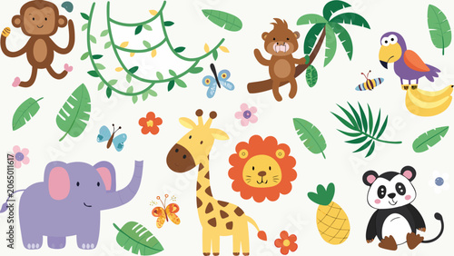 Photography Cartoon safari animals and tropical foliage a colorful vector illustration on a