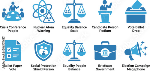 Foto Set of blue icons representing business and political activities including voting and strategic conferences