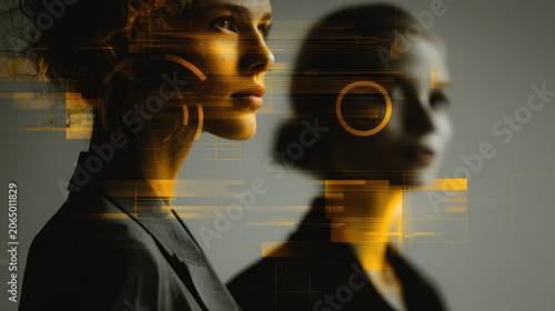 Two elegant women, their faces illuminated by a warm golden light, are depicted with a futuristic, glitch-art aesthetic. The image evokes a sense of mystery and sophistication.