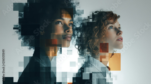 Two women looking upward, their portraits dissolving into digital pixelated blocks, representing technology and advancement.