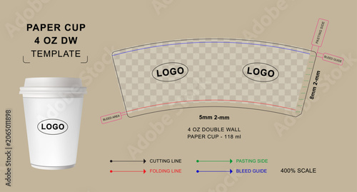 Fotografie 4 oz Double Wall Paper Cup Die Cut Template for Hot Drink Packaging, Blank Coffe