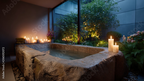 A tranquil outdoor stone bathtub filled with water, illuminated by the soft glow of numerous candles, creating a serene and relaxing ambiance with surrounding lush greenery.