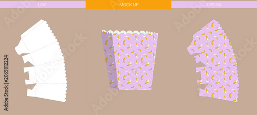 Creative Popcorn Box Packaging Die Cut Template with Mockup Presentation for Food Branding