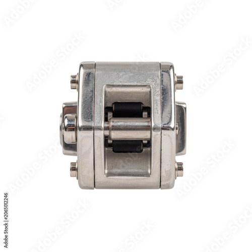 Close up of a heavy duty metal roller mechanism with black rubber wheels, isolated on a transparent background, for industrial equipment use isolated on a transparent background
