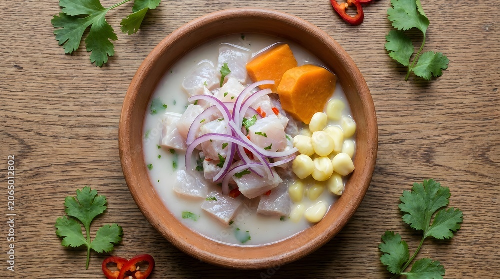 Fototapeta premium Top view of a fresh ceviche with fish, corn, sweet potato, and red onion in clay bowl on wood background.