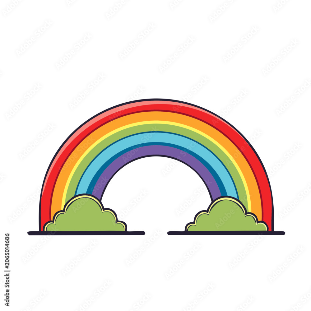 Naklejka premium Colorful rainbow with clouds in flat design