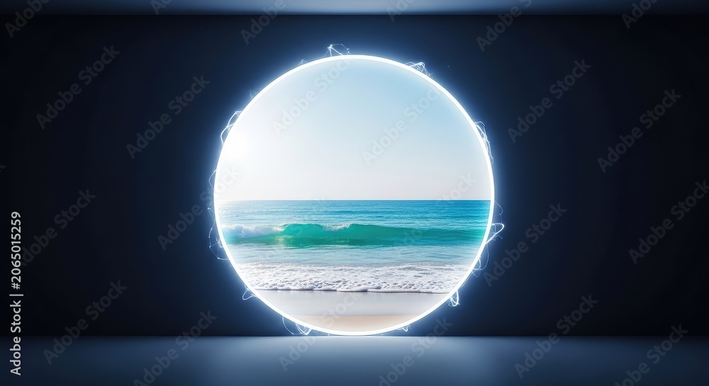 Fototapeta premium A glowing circular portal stands in a minimalist dark room, revealing a sunlit vista of calm turquoise waves under a clear peaceful sky, gateway, circle, door