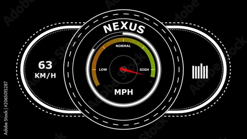 Digital gauge display showing nexus status with speed indicator and circular meter on a black background for user interface monitoring systems